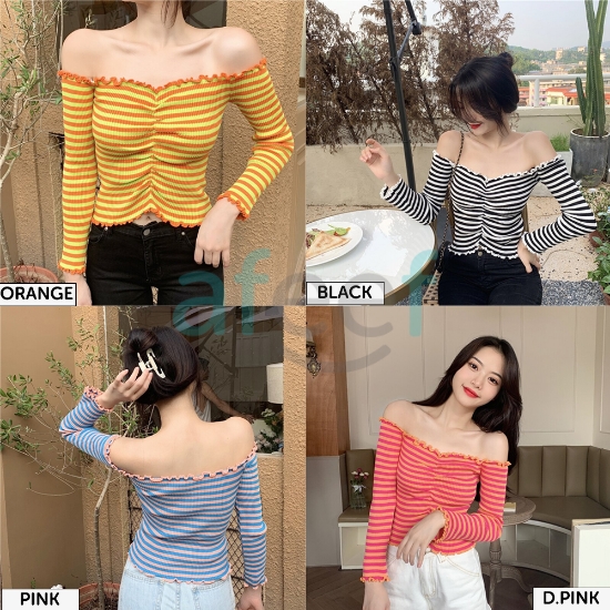 Picture of Colorful Off Shoulder Long Sleeve T-Shirt Top Free Size (6901)